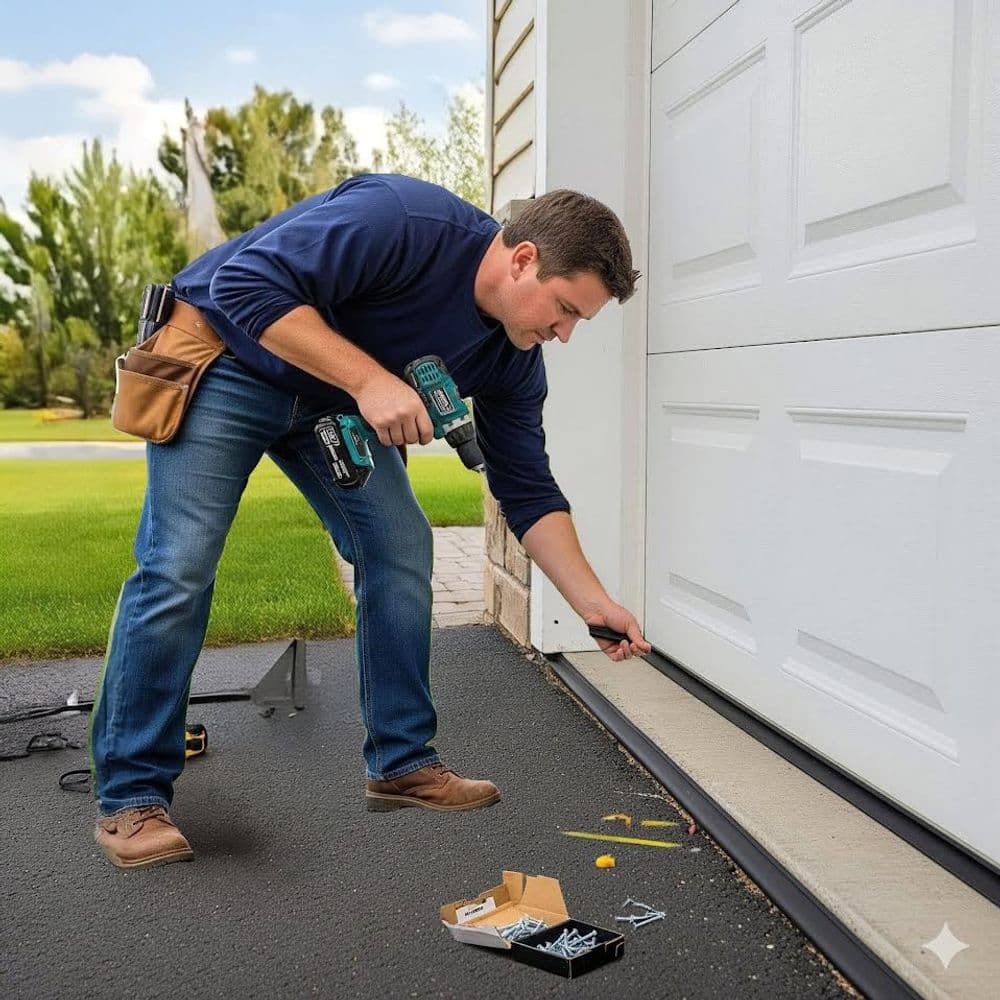 Man using a drill to install a garage door seal, tools and screws on the ground.