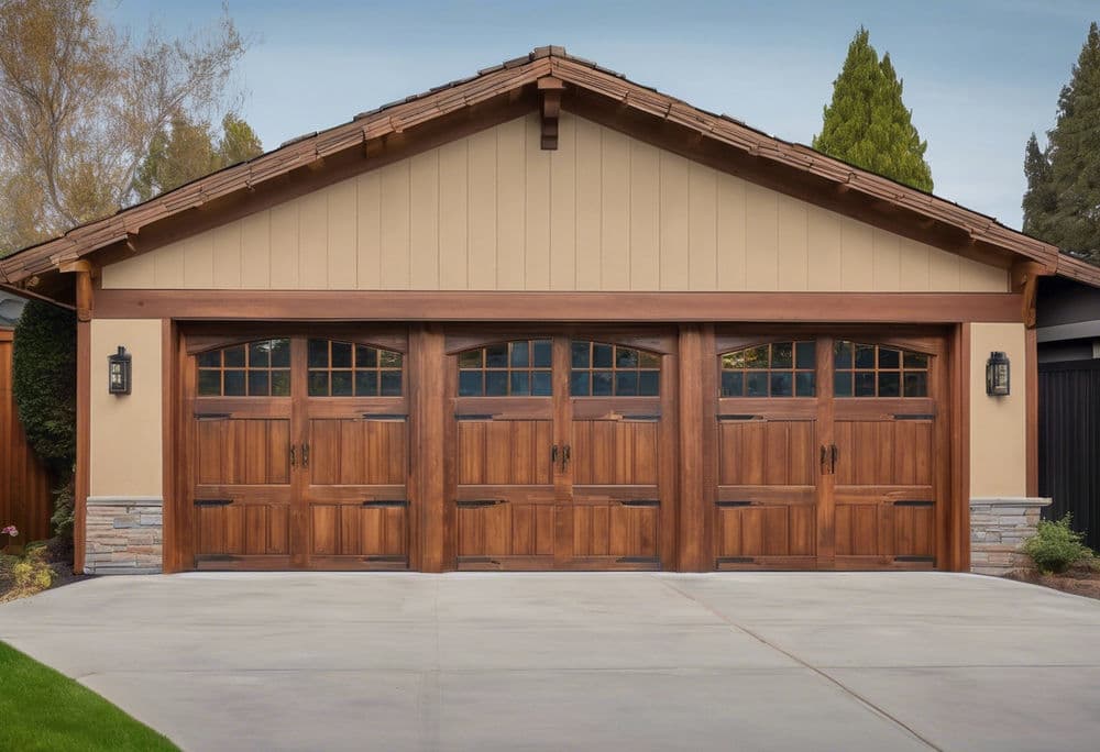Elegant wooden garage doors with stone accents in a modern suburban setting.